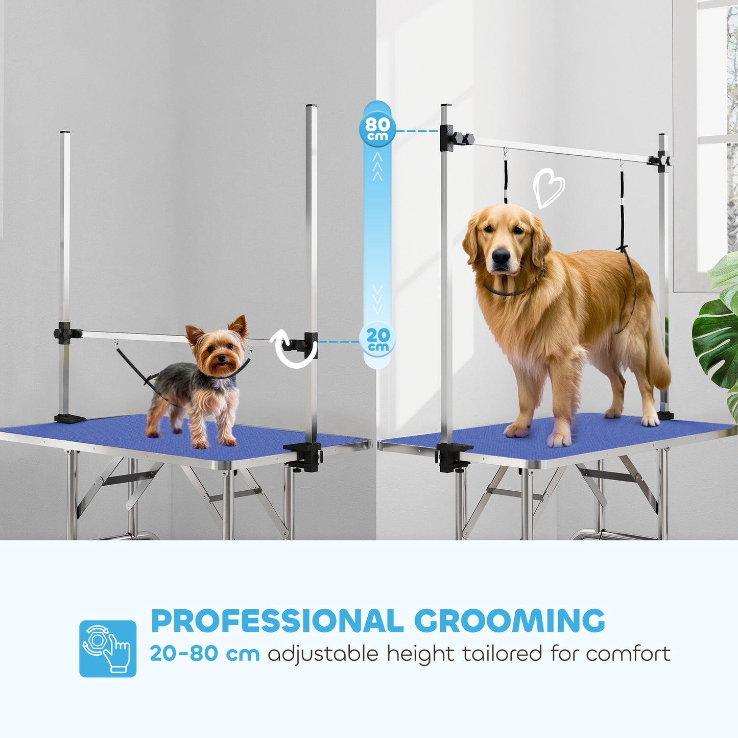 PawHut 42" Dog Grooming Table, Adjustable Pet Cat Drying Beauty Table with 2 Loops Storage Basket, Rubber Top, Blue