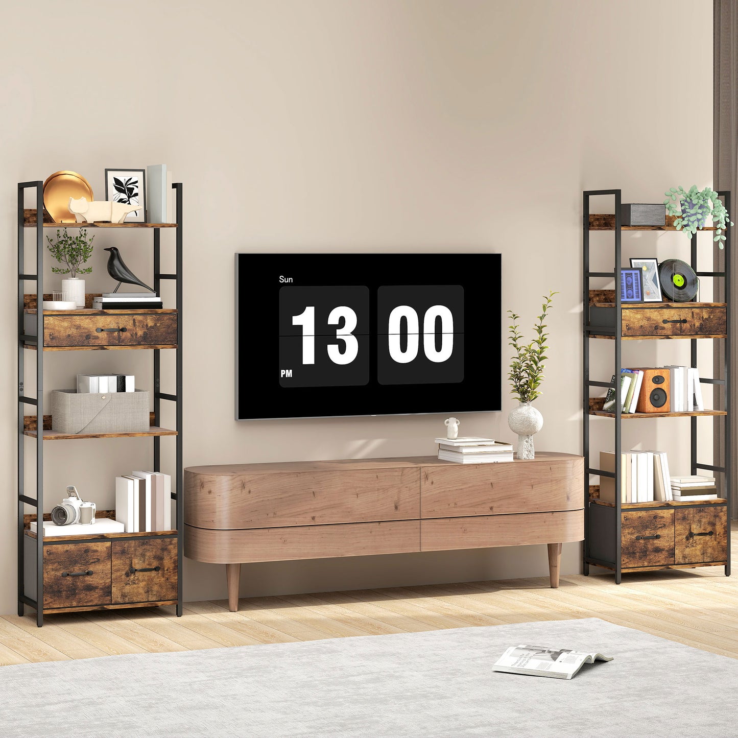 HOMCOM Industrial Style Bookcase, with 4 Shelves and 3 Fabric Drawers - Brown/Black