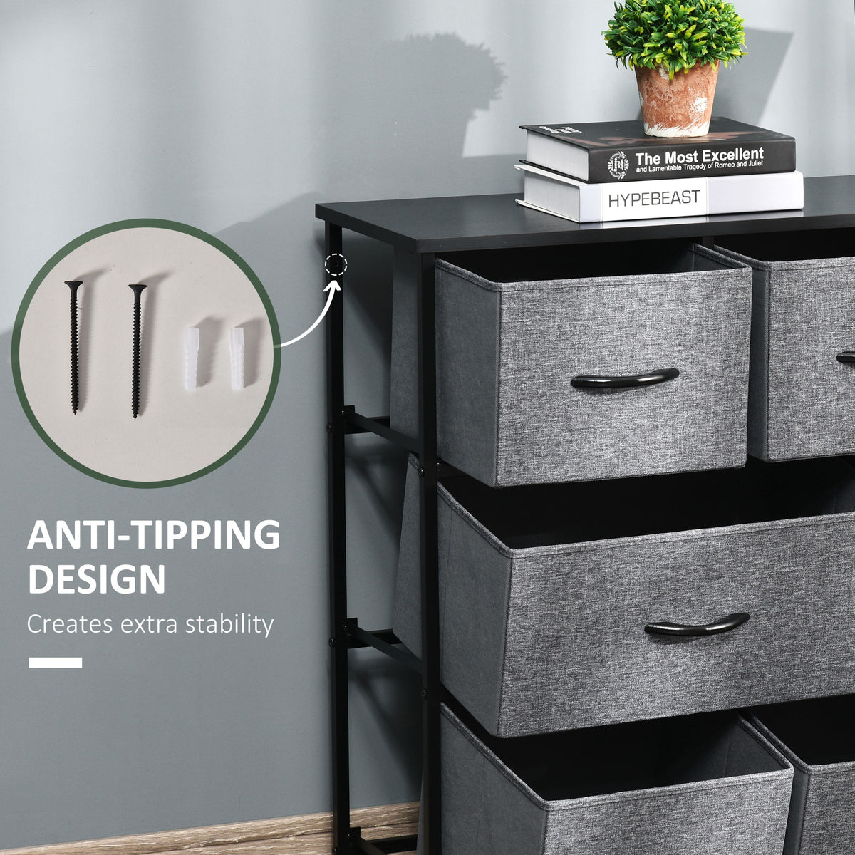 HOMCOM fabric dresser with anti-tipping hardware attached to the frame