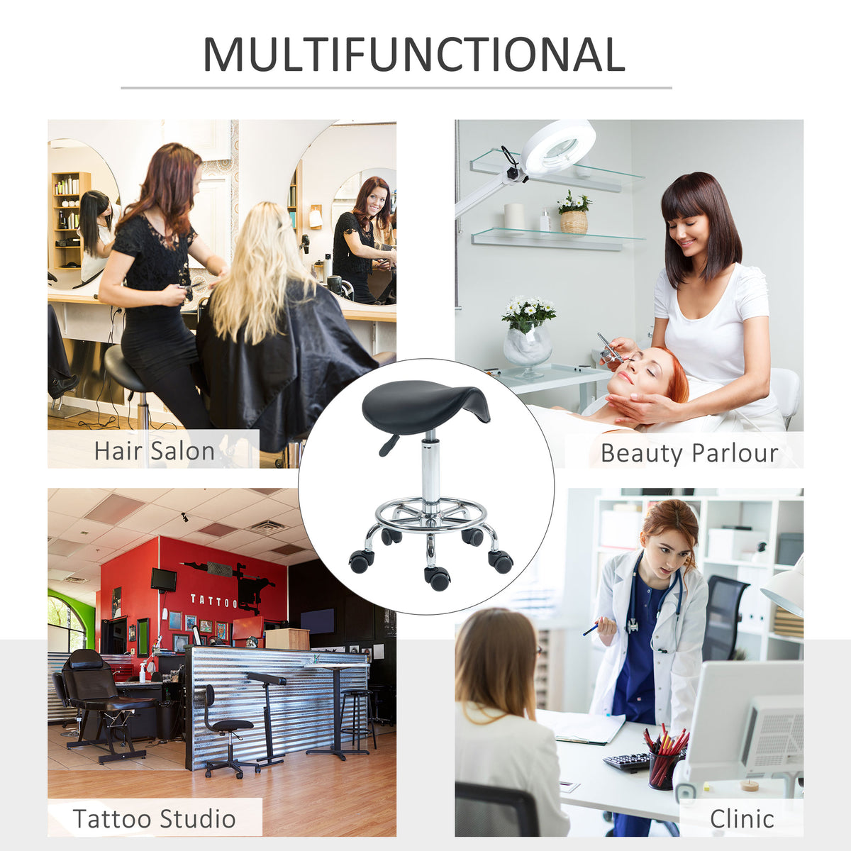 HOMCOM black rolling saddle stool shown for salon, spa, tattoo studio and clinic use