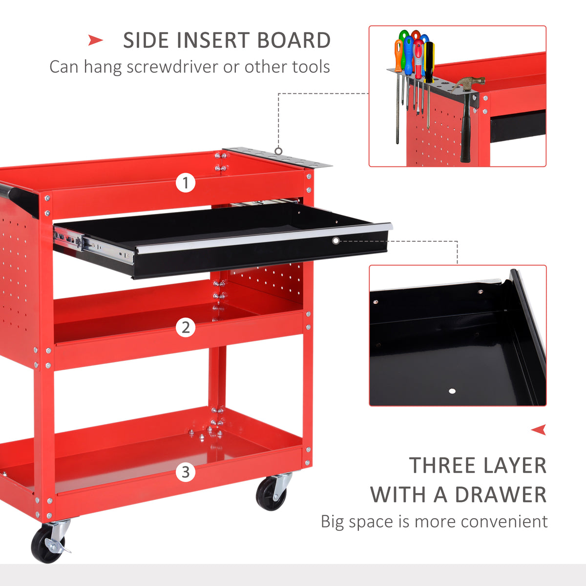 Red tool trolley with its drawer open and screwdrivers hanging from the side panel