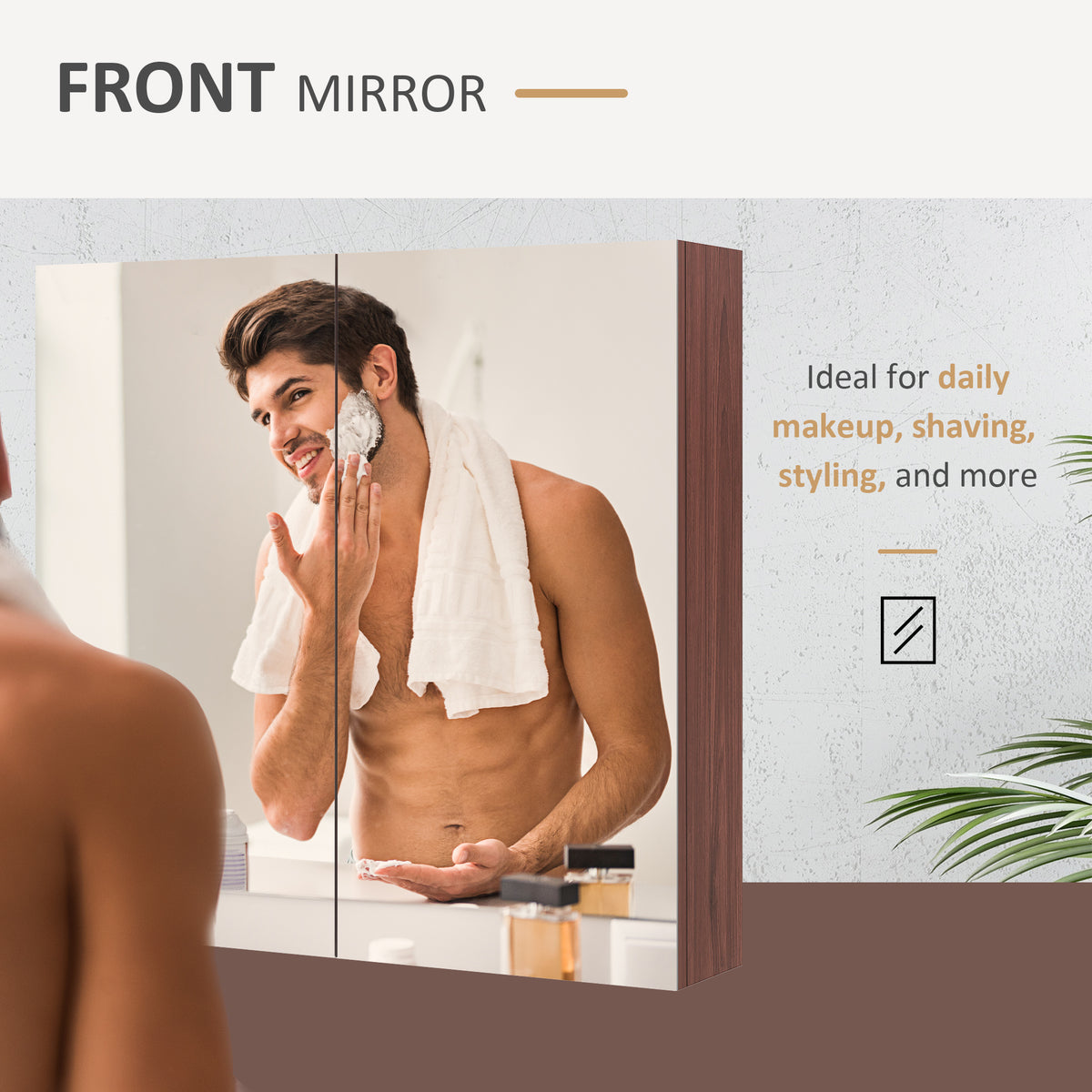 Two-door bathroom mirror cabinet with dark wood sides, shown above a sink.