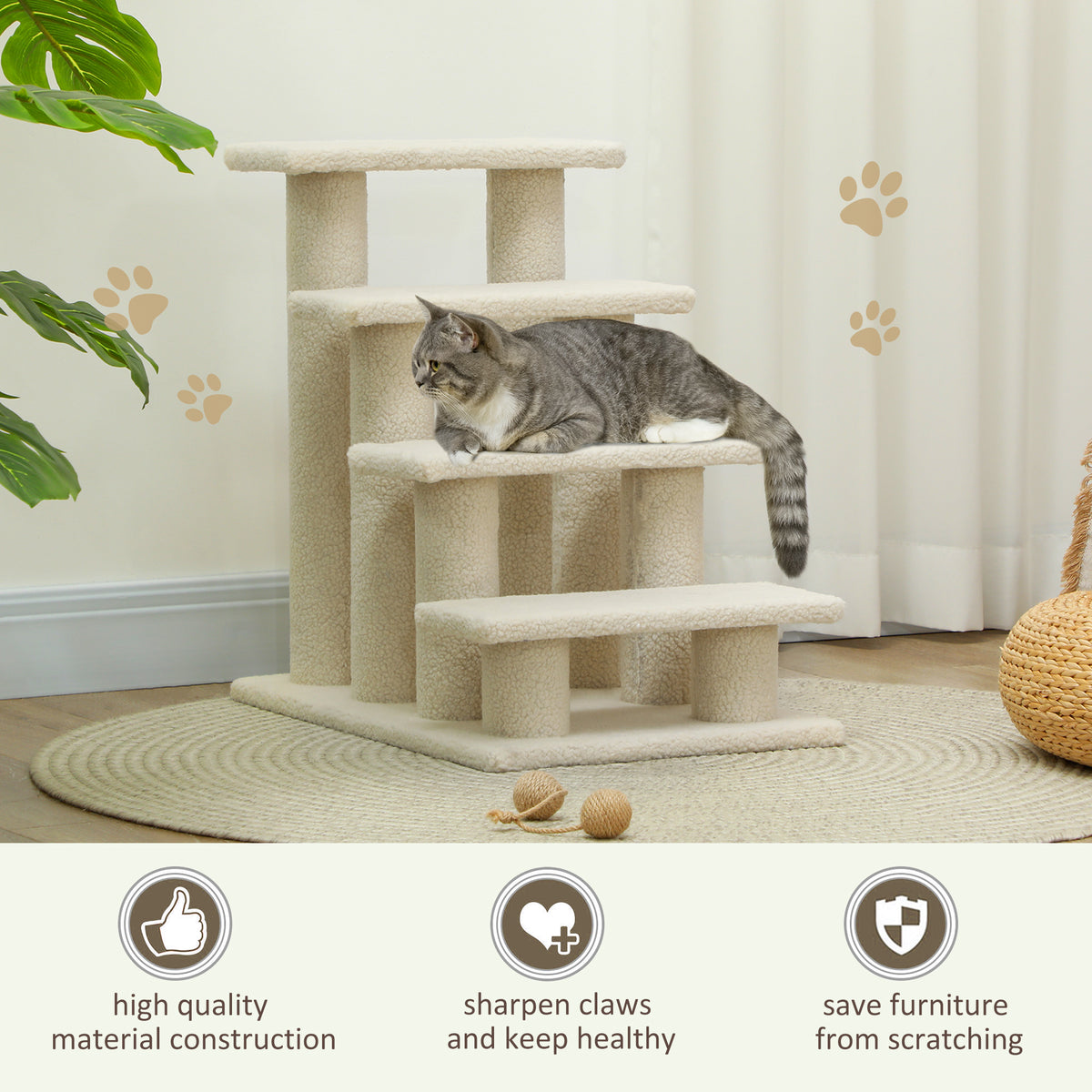Cream plush pet stairs with a cat resting on the steps