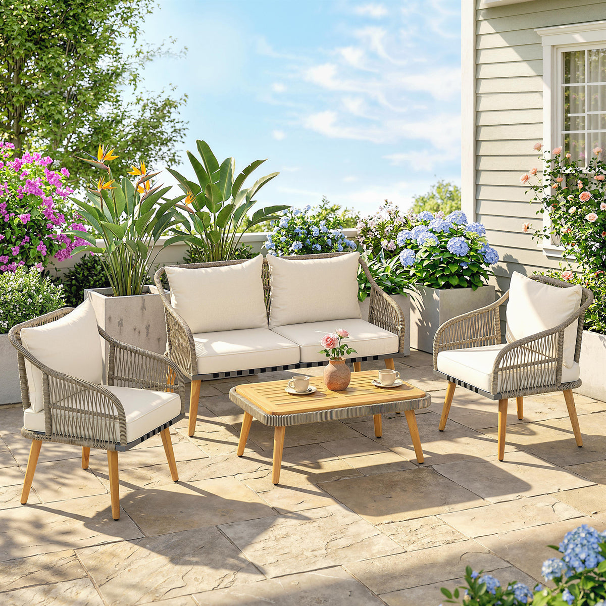 Outsunny 4 Piece Rattan Garden Furniture Set with Loveseat, Armchairs, Wood Table, Wicker Patio Conversation Set, Cream White