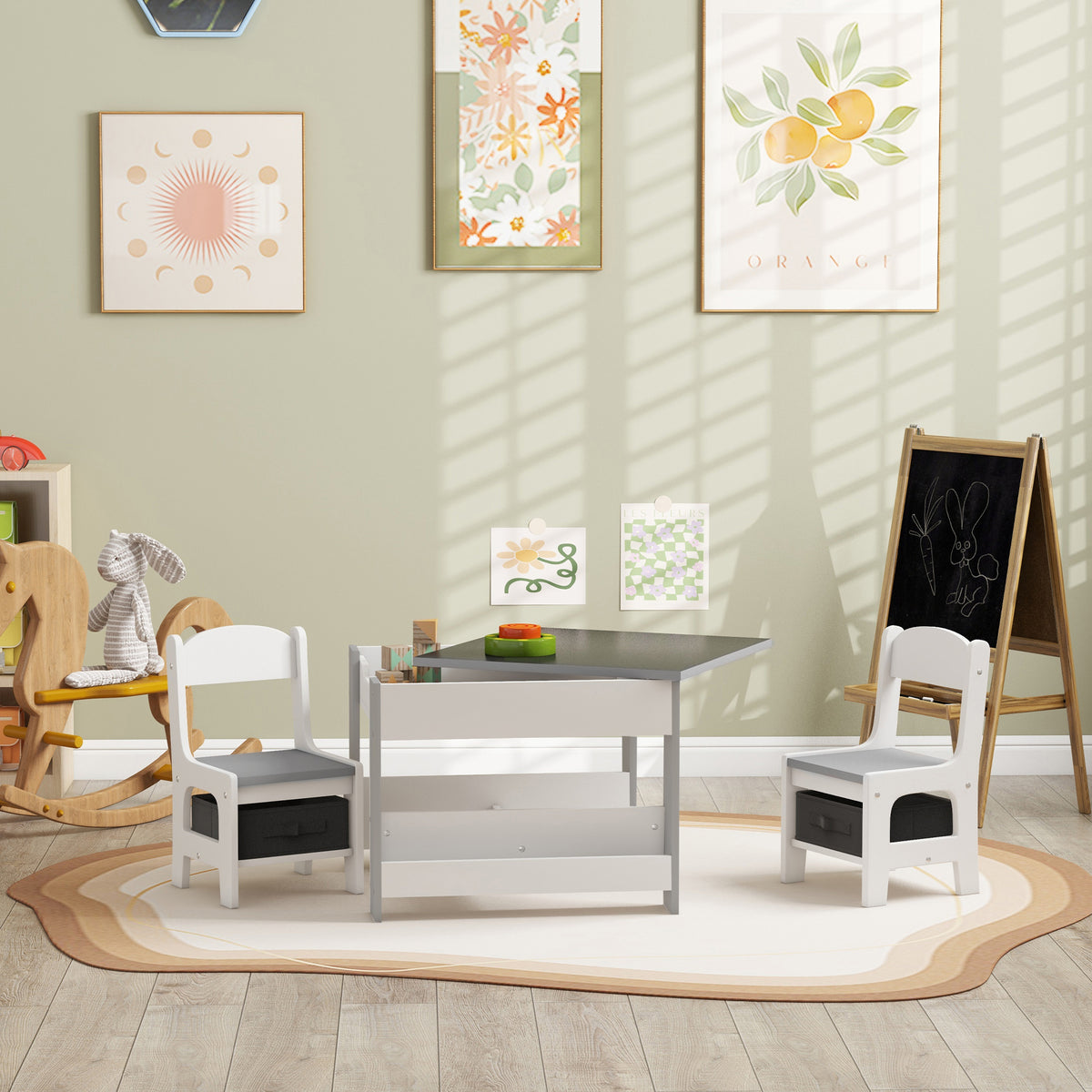 HOMCOM Three-Piece Kids Table and Chair Set with Blackboard, Storage, Bookshelves - Grey