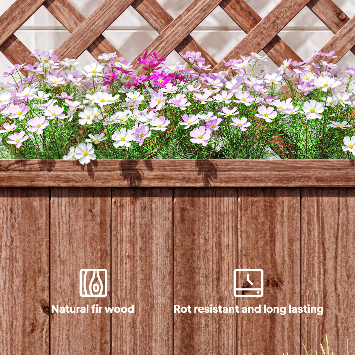 Wooden planter box and trellis detail with flowers; natural wood grain visible