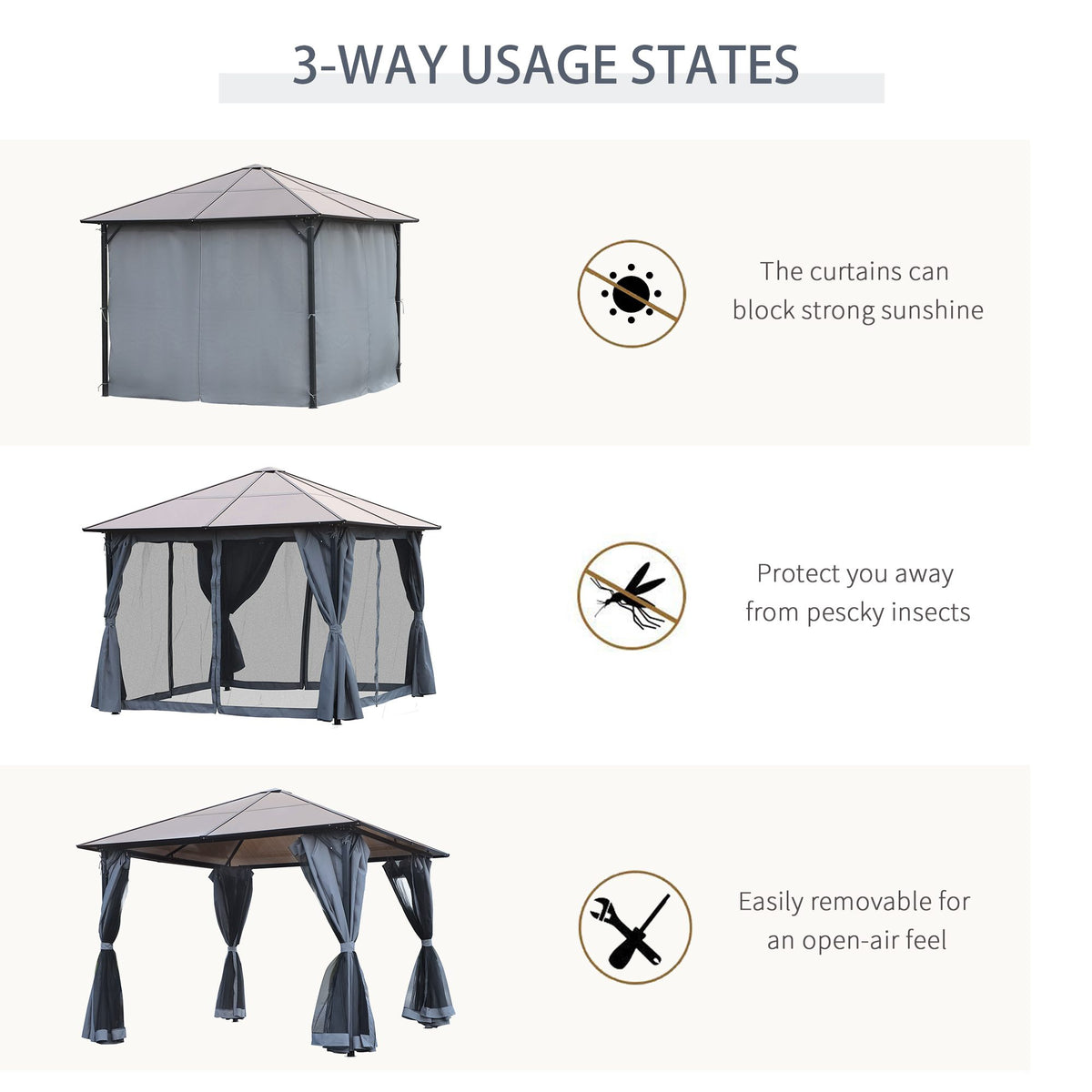 Hardtop gazebo shown with curtains closed, mosquito netting, and curtains tied back