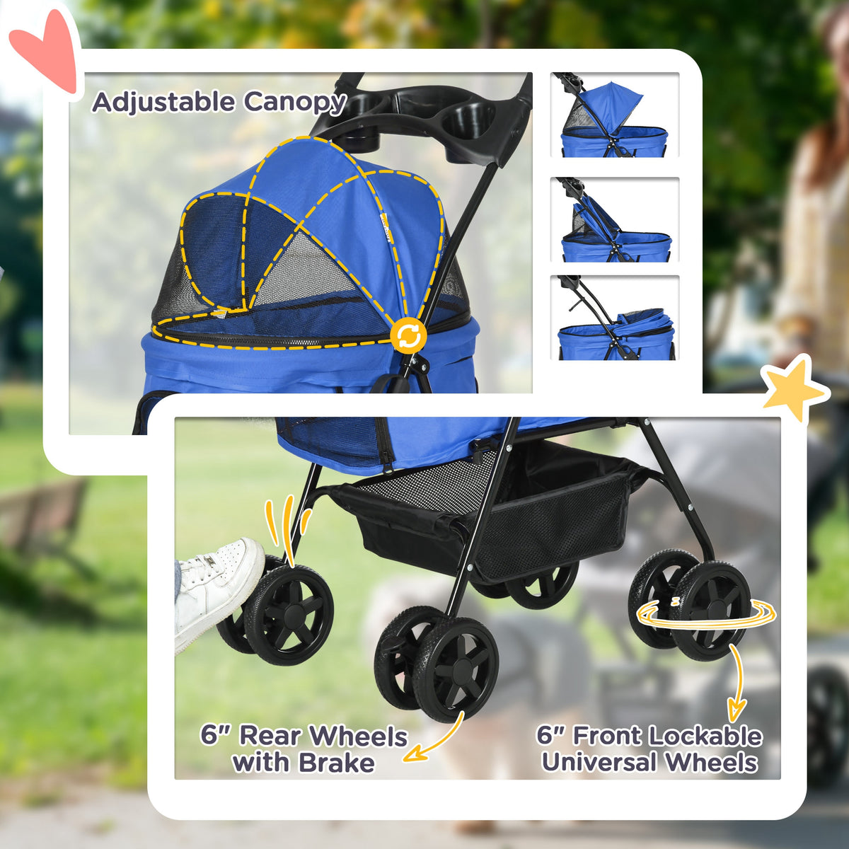 Blue pet stroller features an adjustable canopy, rear wheel brakes and front swivel locks.