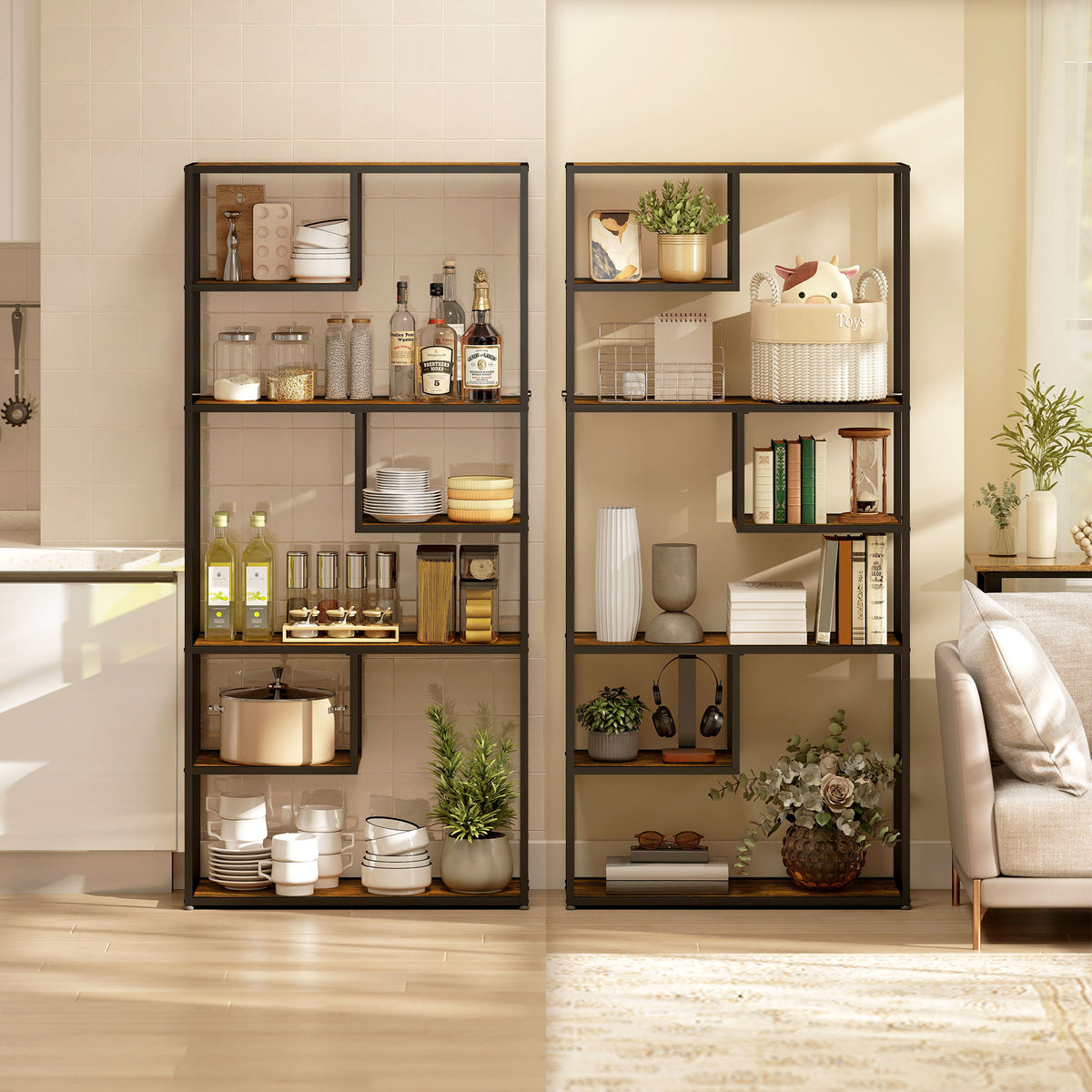 Two HOMCOM bookcases with black metal frames and rustic brown shelves used for storage