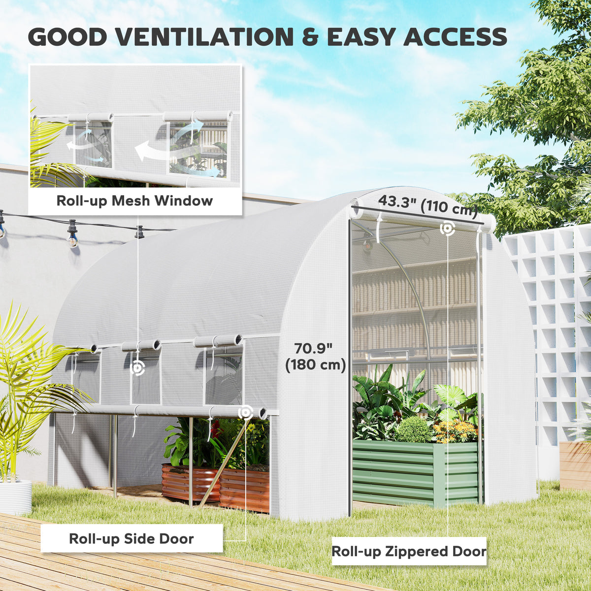 Walk-in polytunnel greenhouse with roll-up side door, mesh windows and zippered entrance