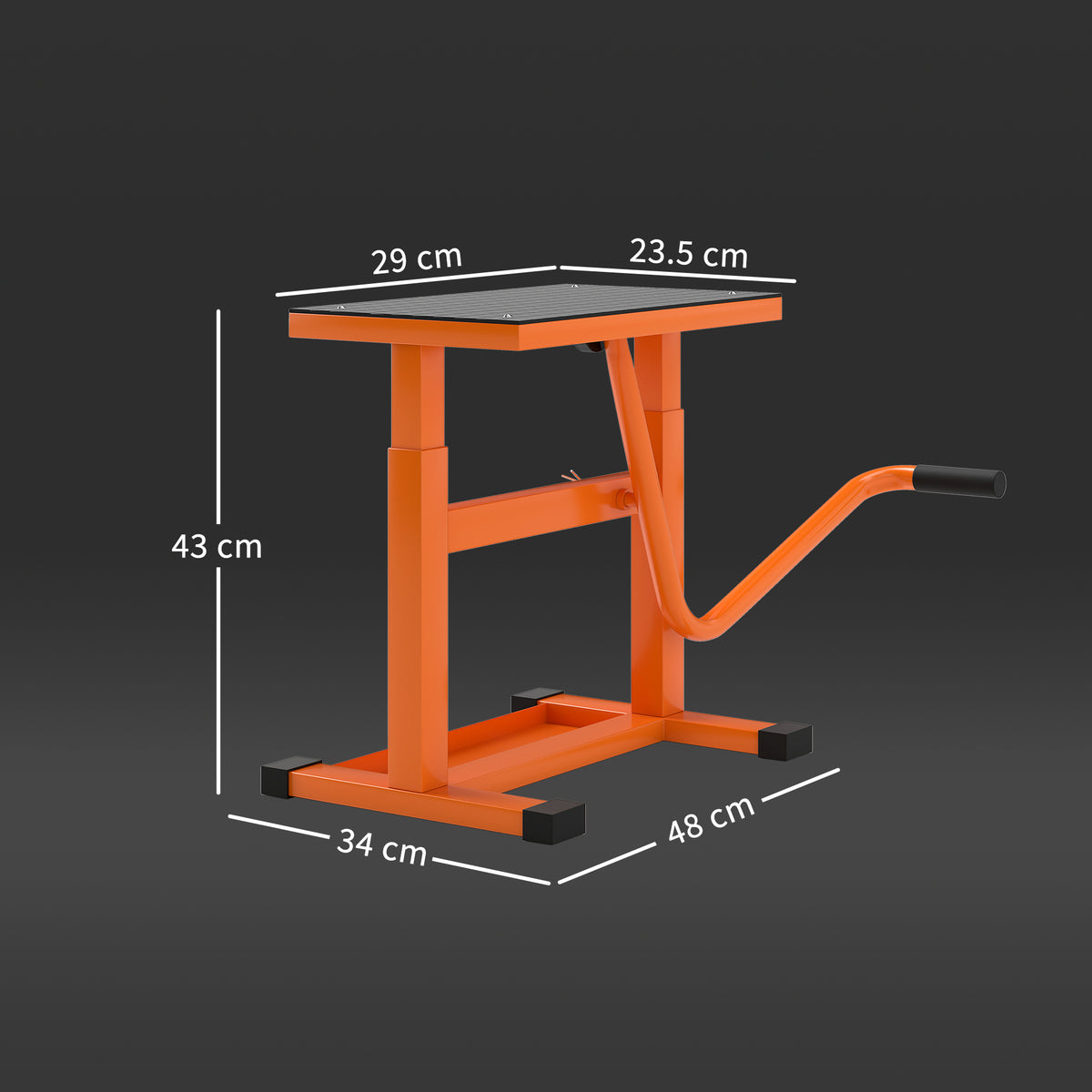DURHAND orange motorbike lift with crank handle and dimensions marked