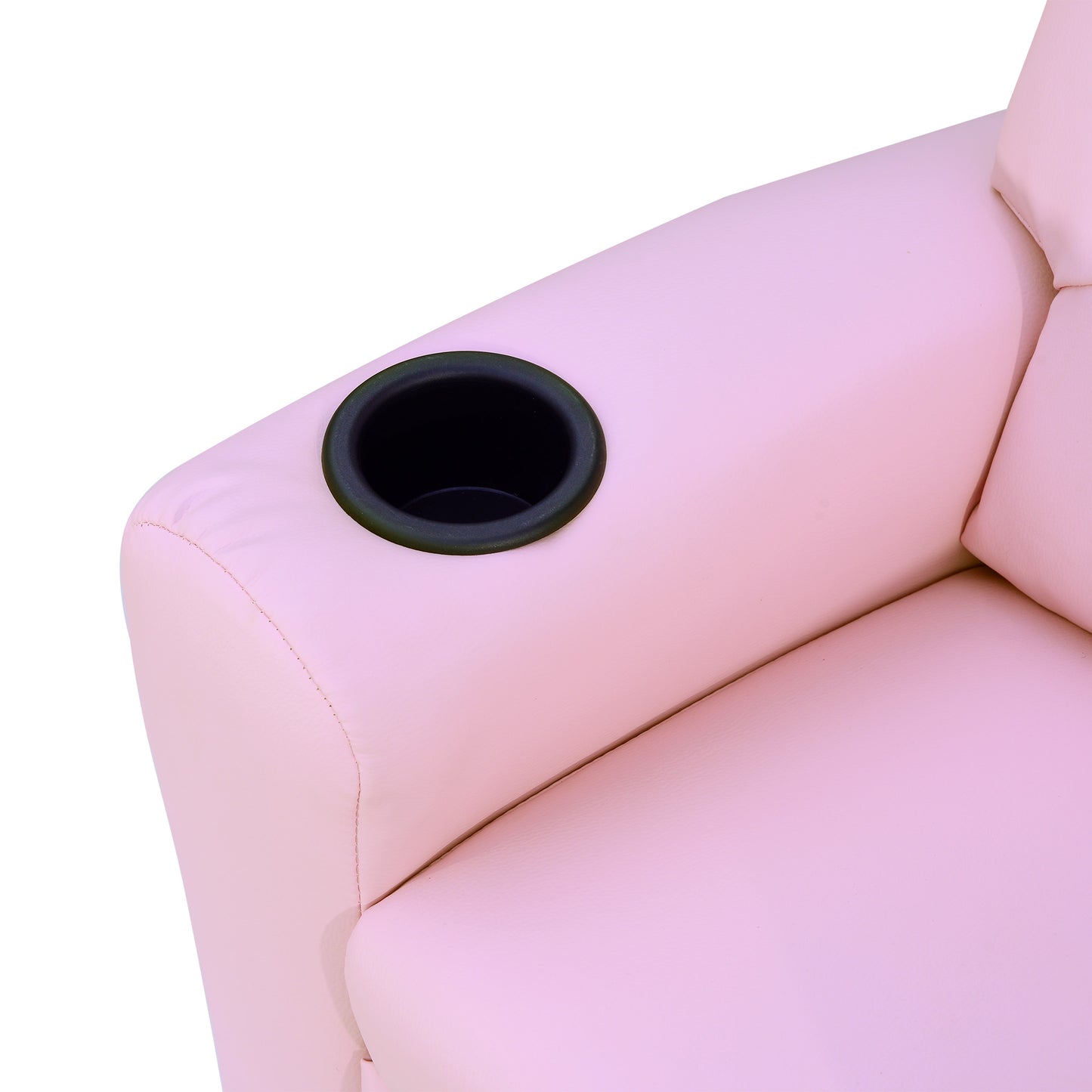 Close-up of the pink recliner's armrest and black cup holder