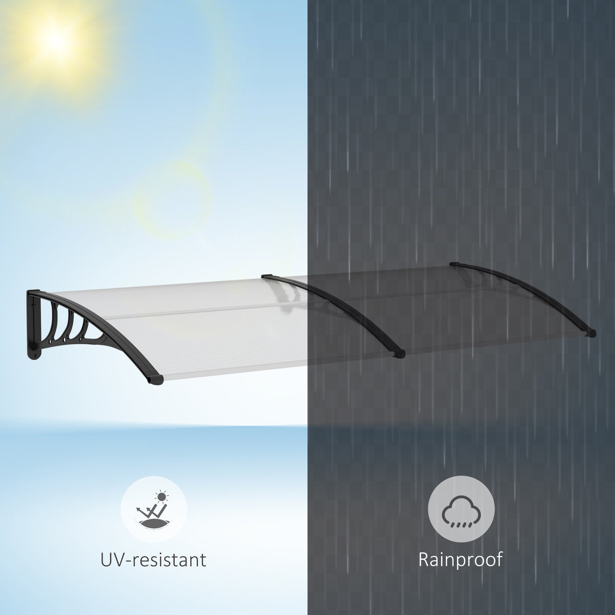 Clear polycarbonate door canopy with black supports, shown as UV- and rain-resistant