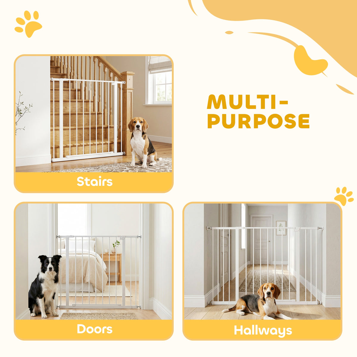 PawHut white pet gate installed at stairs, a doorway, and a hallway