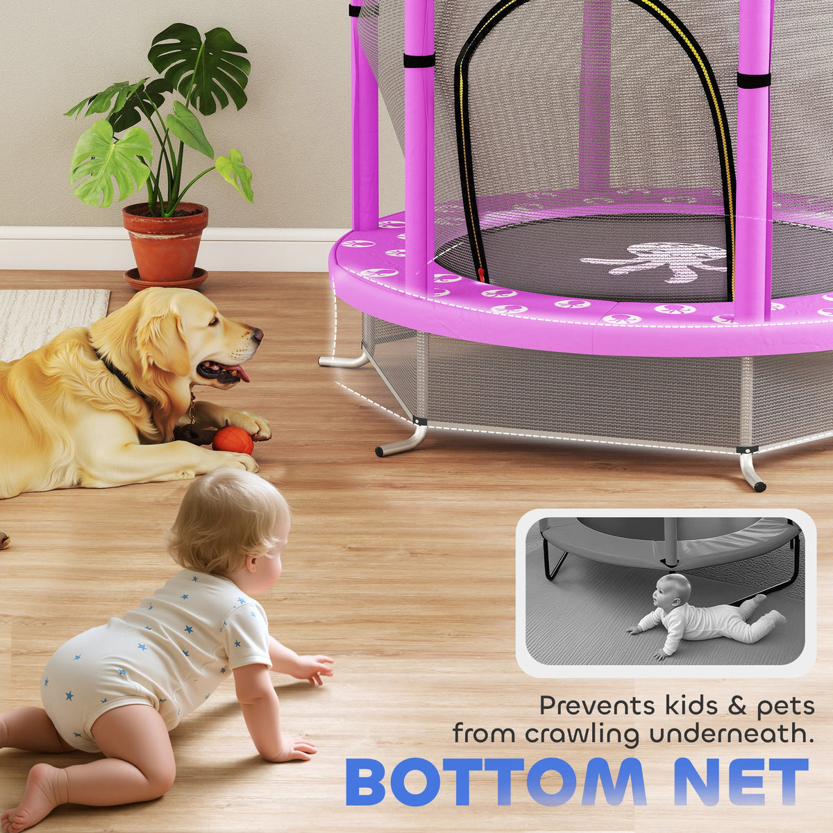AIYAPLAY 4.6ft Toddler Trampoline w/ Safety Enclosure Net, for Indoor Outdoor Use, Ages 3-6 Years, Purple