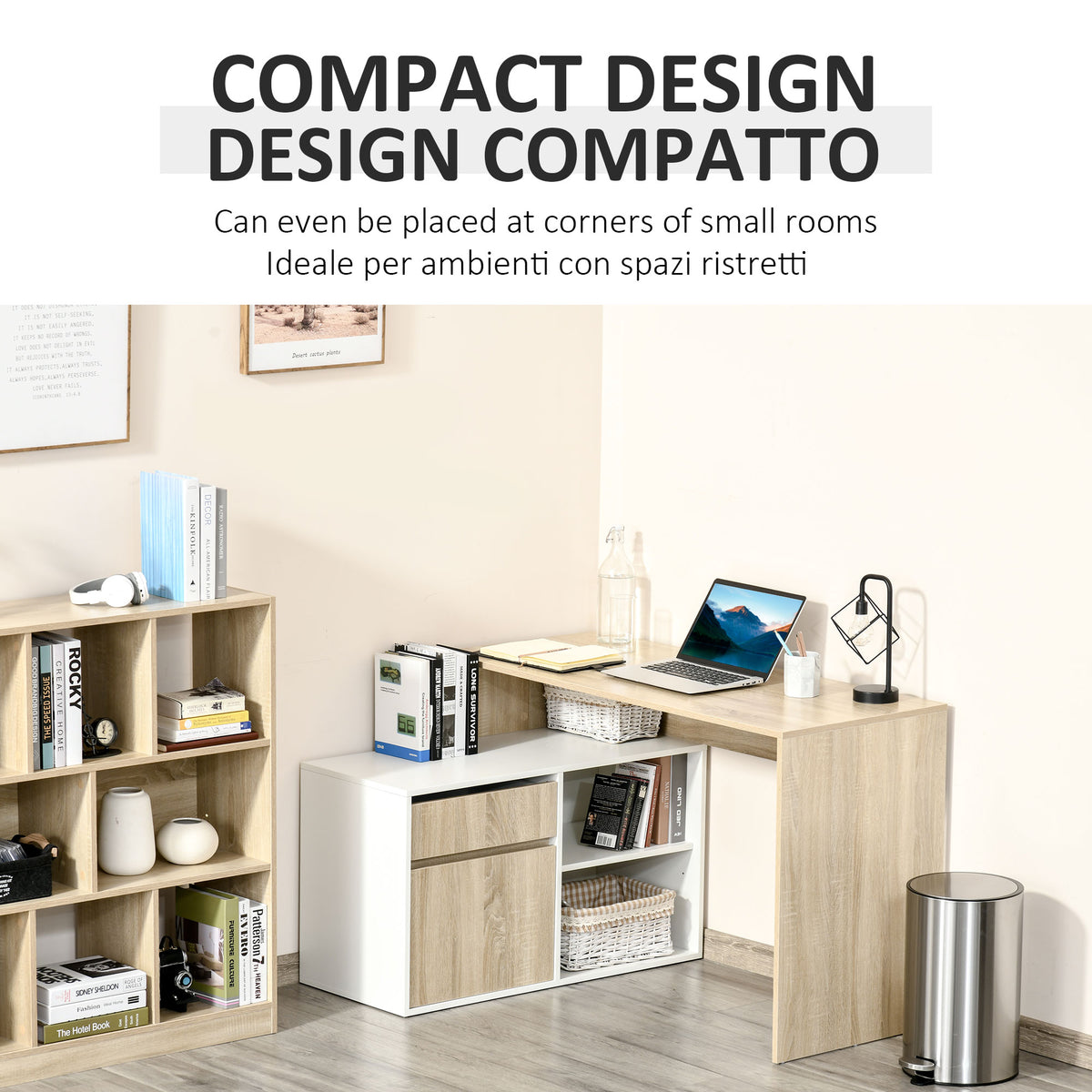 Oak and white corner desk with laptop and storage, arranged in a compact office