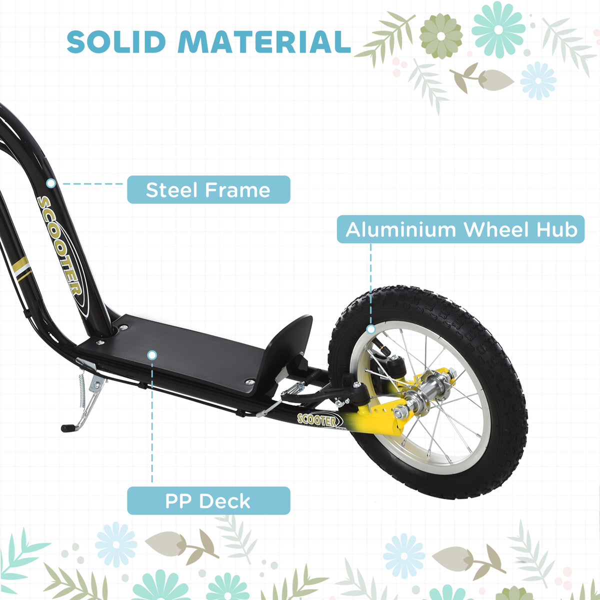 Scooter rear wheel, steel frame, and black standing deck with rear mudguard
