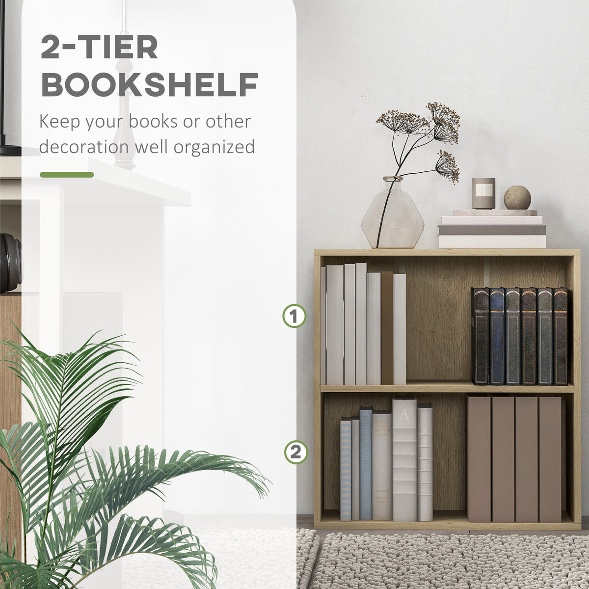 HOMCOM 2 Tier Bookshelf, Low Bookcase with Adjustable Shelf, 2 Compartments for Home Office, Living Room, Study, Natural