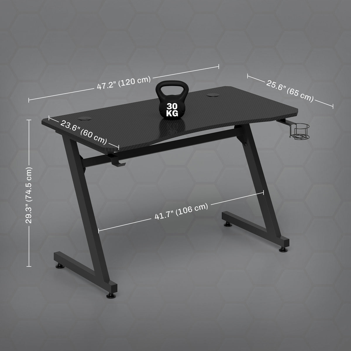 Black gaming desk with steel frame, cup holder and adjustable feet; 120 by 65 cm