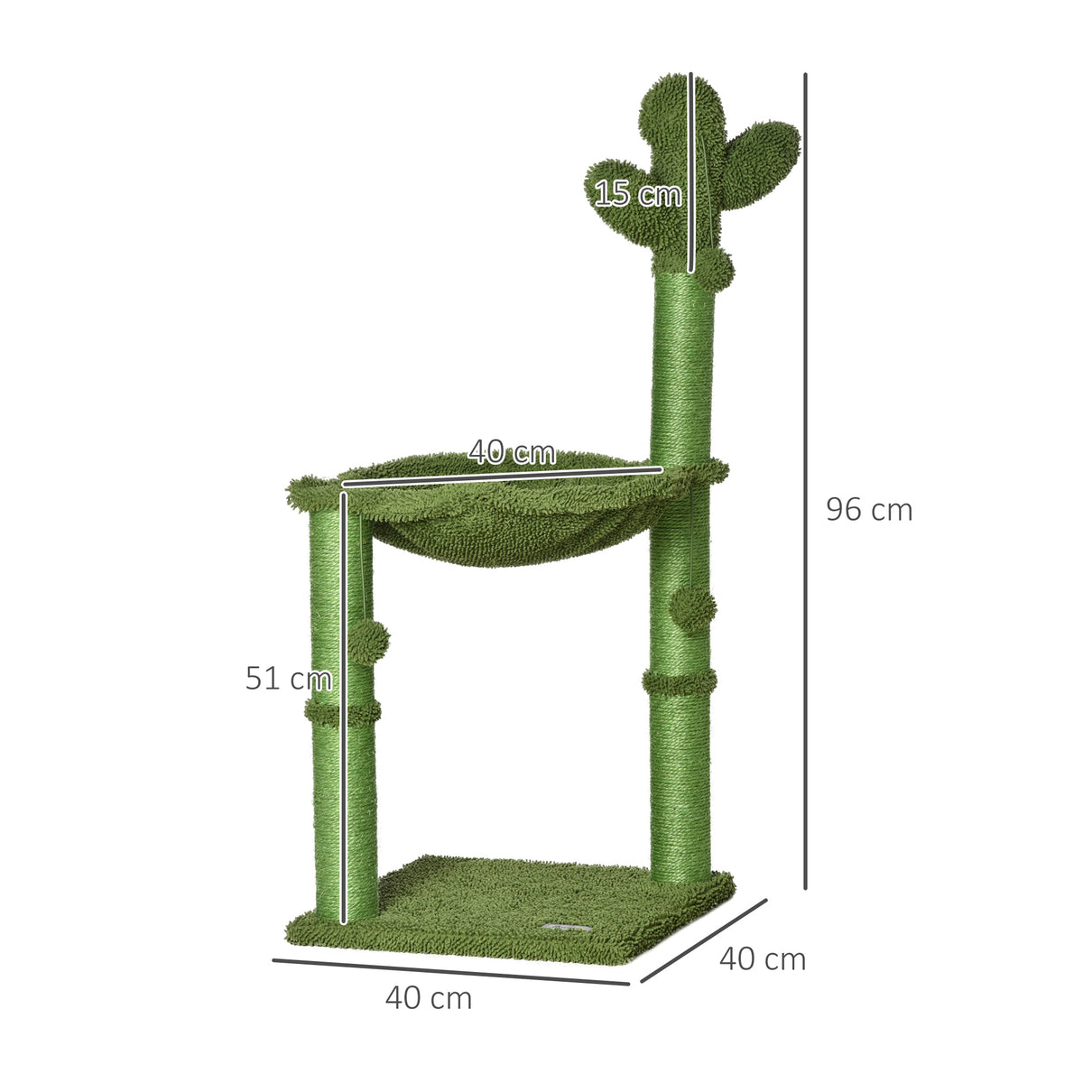 Green cactus cat tree with hammock and base, shown with dimensions