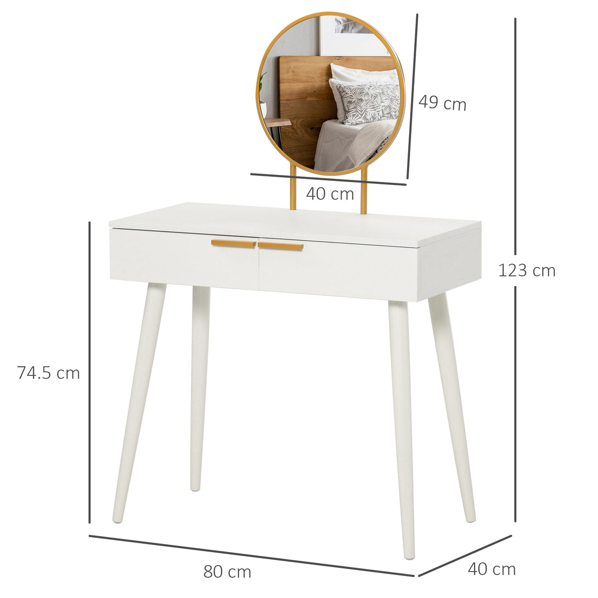 White dressing table with round gold-trimmed mirror, two drawers and measurements