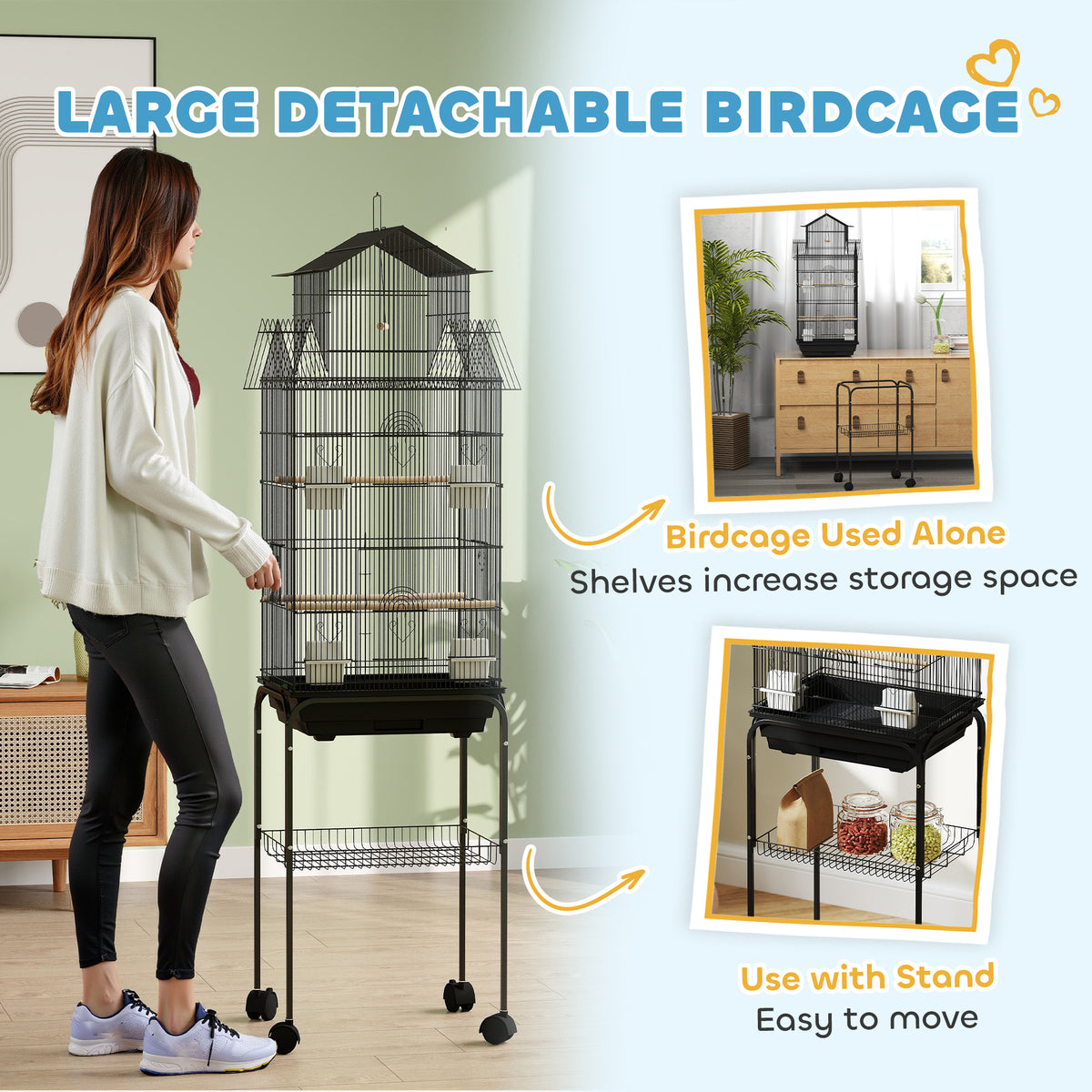 PawHut detachable bird cage shown with and without its wheeled stand