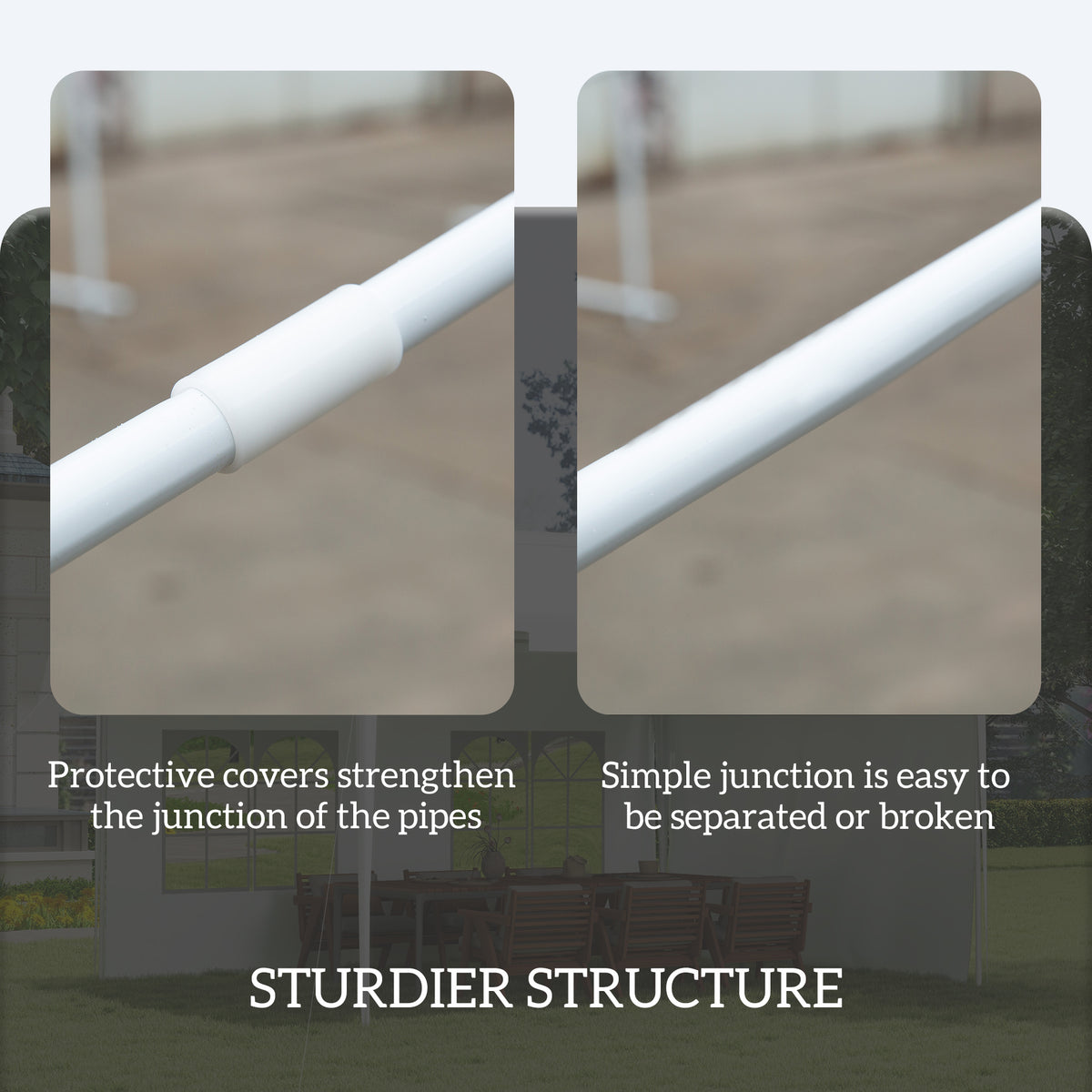 Close-up of white gazebo frame pipes and a protective pipe-joint cover