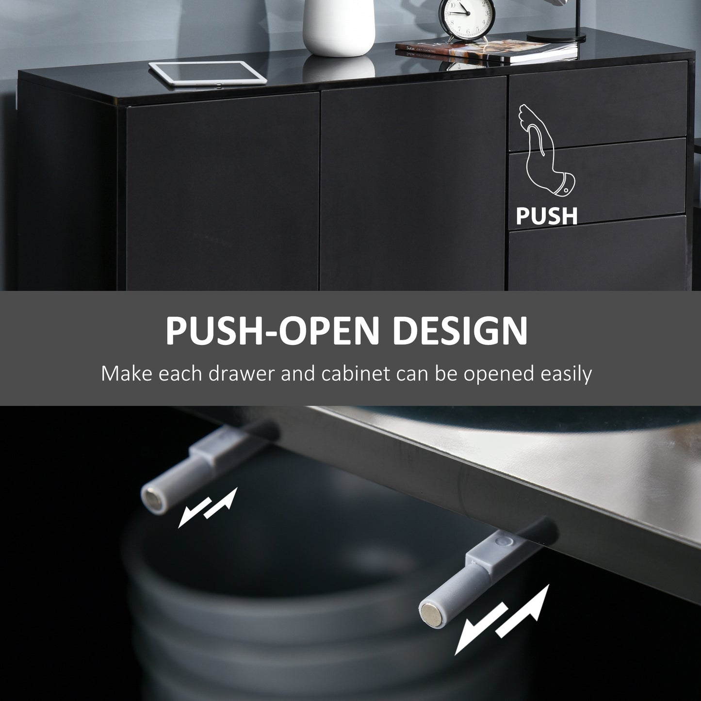 Black side cabinet with push-open drawers and close-up of push-latch hardware