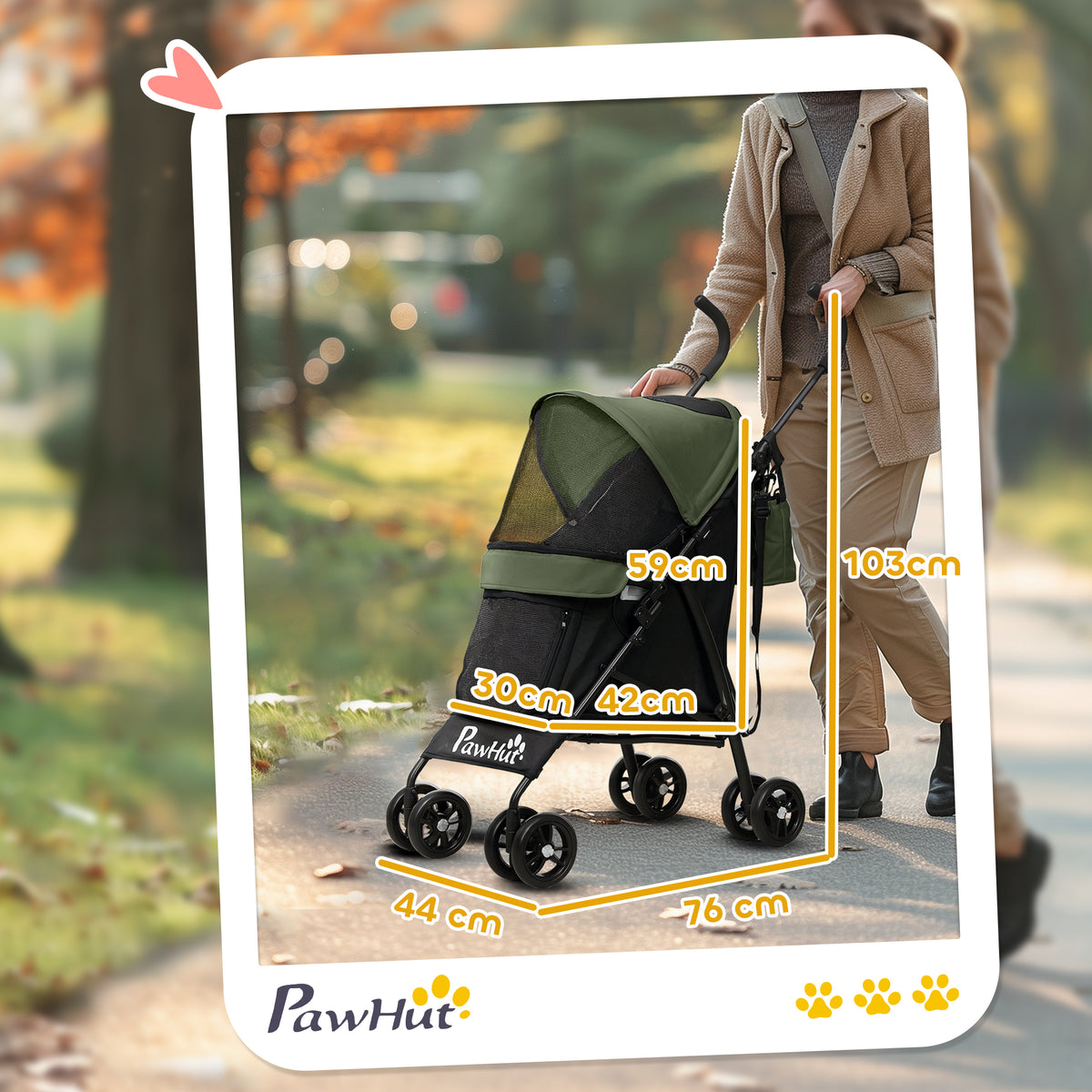 PawHut dog stroller shown with dimensions: 103 cm tall and 76 cm long
