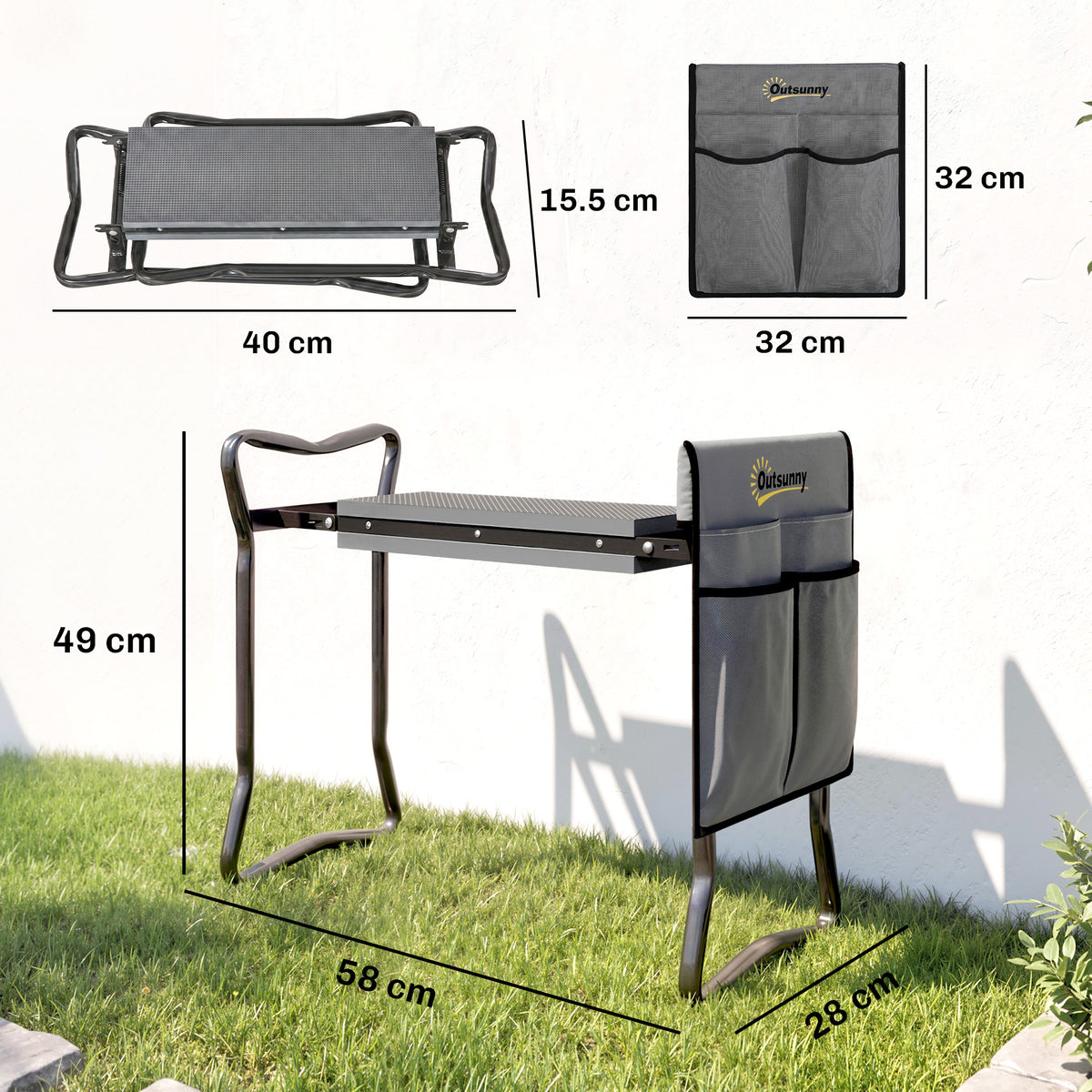 Outsunny garden kneeler with tool bag, shown folded and open with dimensions