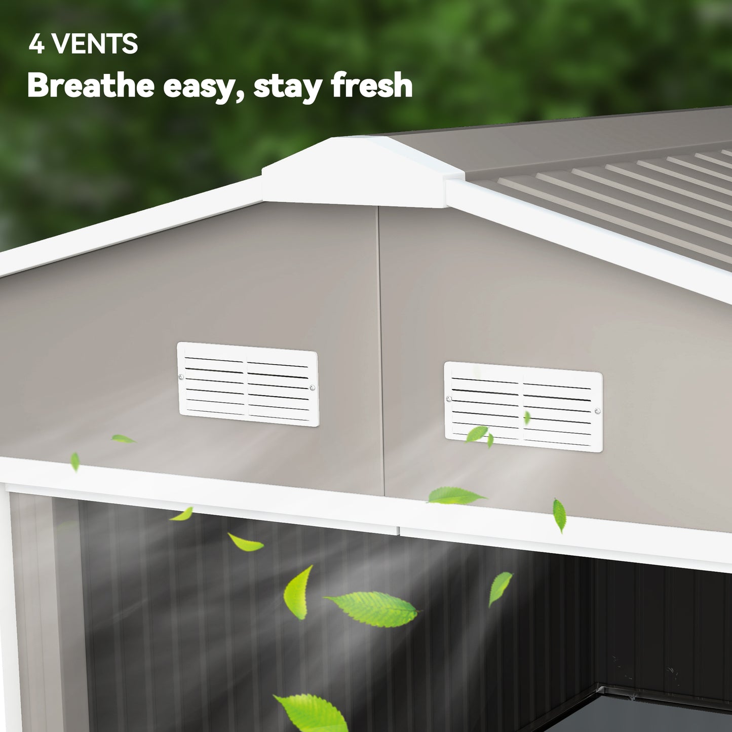 Outsunny metal garden shed with two white wall vents beneath the apex roof