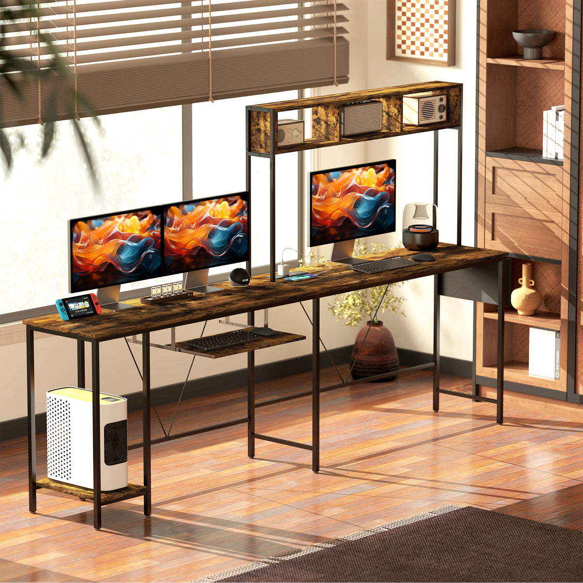 HOMCOM 160cm Reversible L Shaped Desk with Power Outlet, Industrial Corner Desk with Keyboard Tray, Rustic Brown