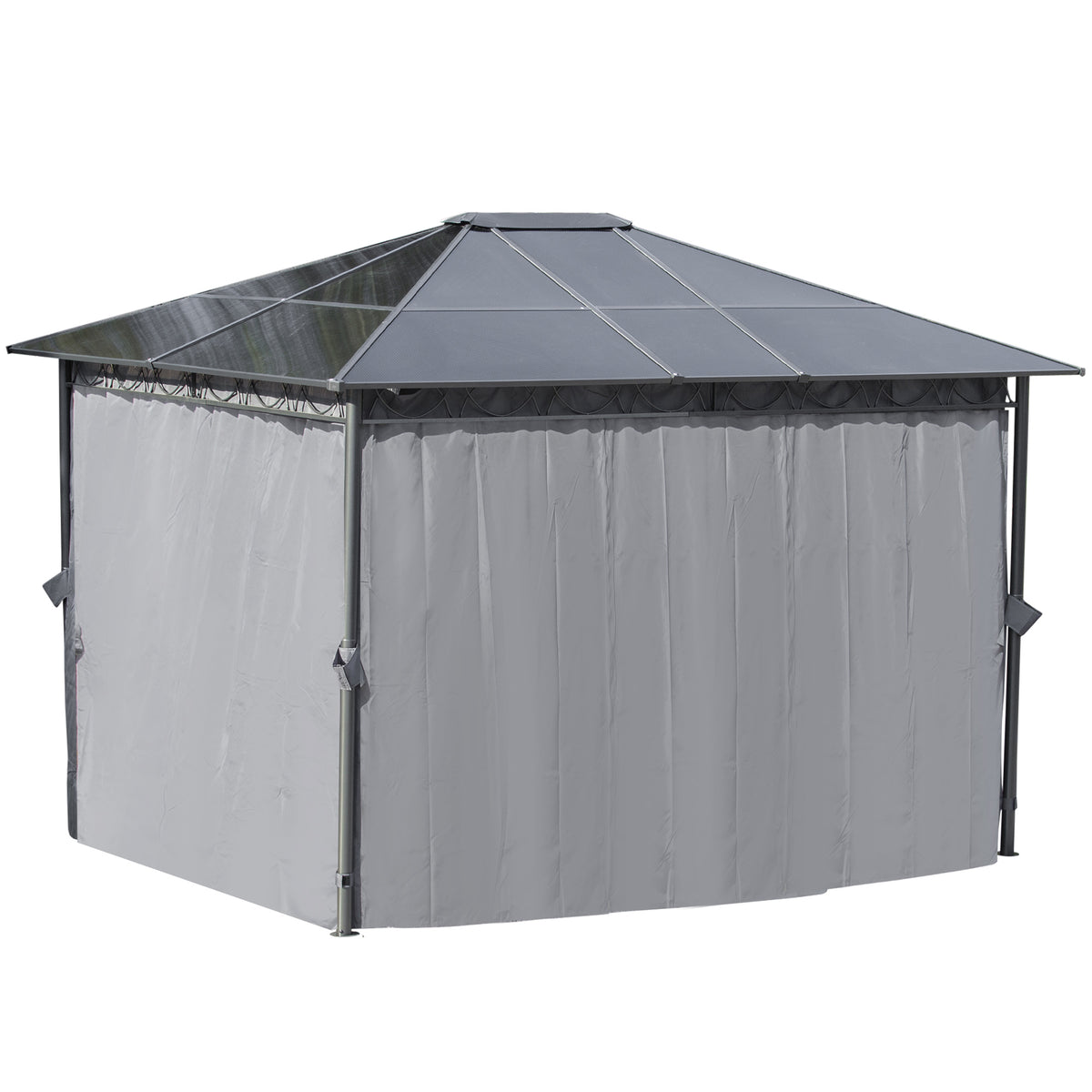Outsunny hardtop gazebo enclosed by grey curtains beneath a polycarbonate roof