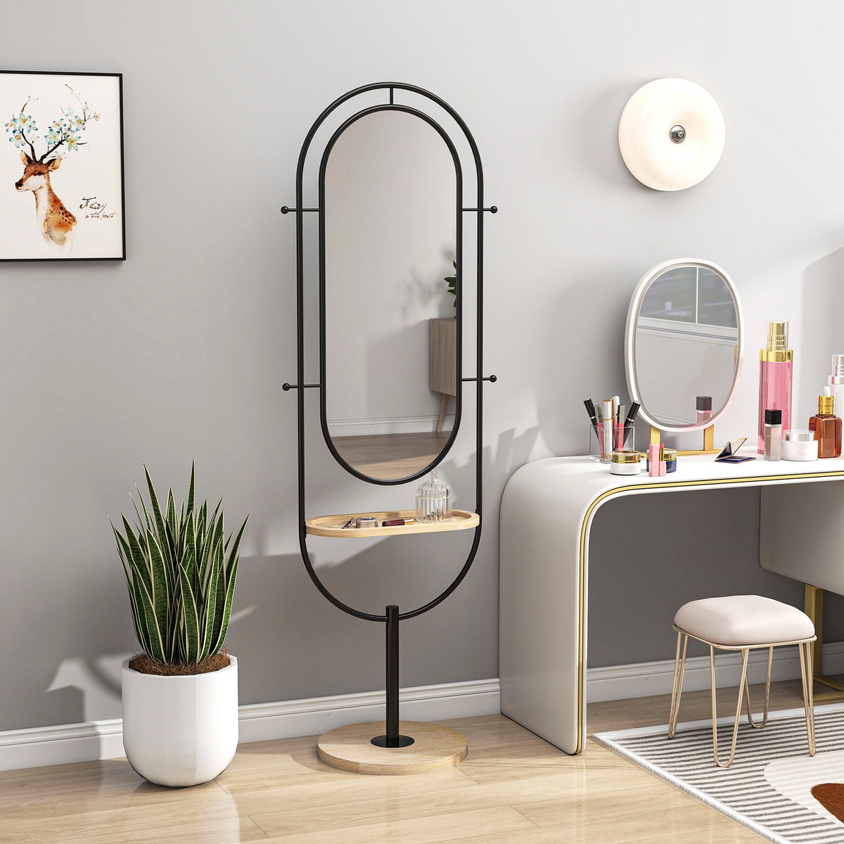 HOMCOM Oval Full Length Mirror with Wooden Tray and 4 Hooks - Black