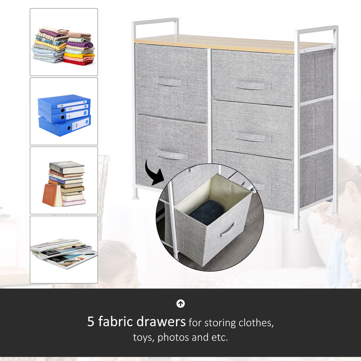 Five-drawer fabric storage unit with a close-up view of its open drawer