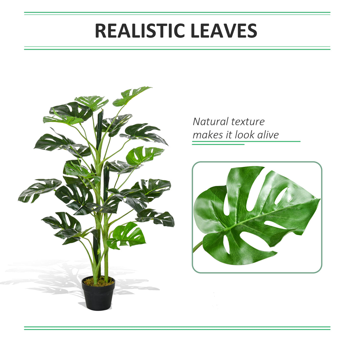 Artificial Monstera tree with a close-up of its glossy split leaves