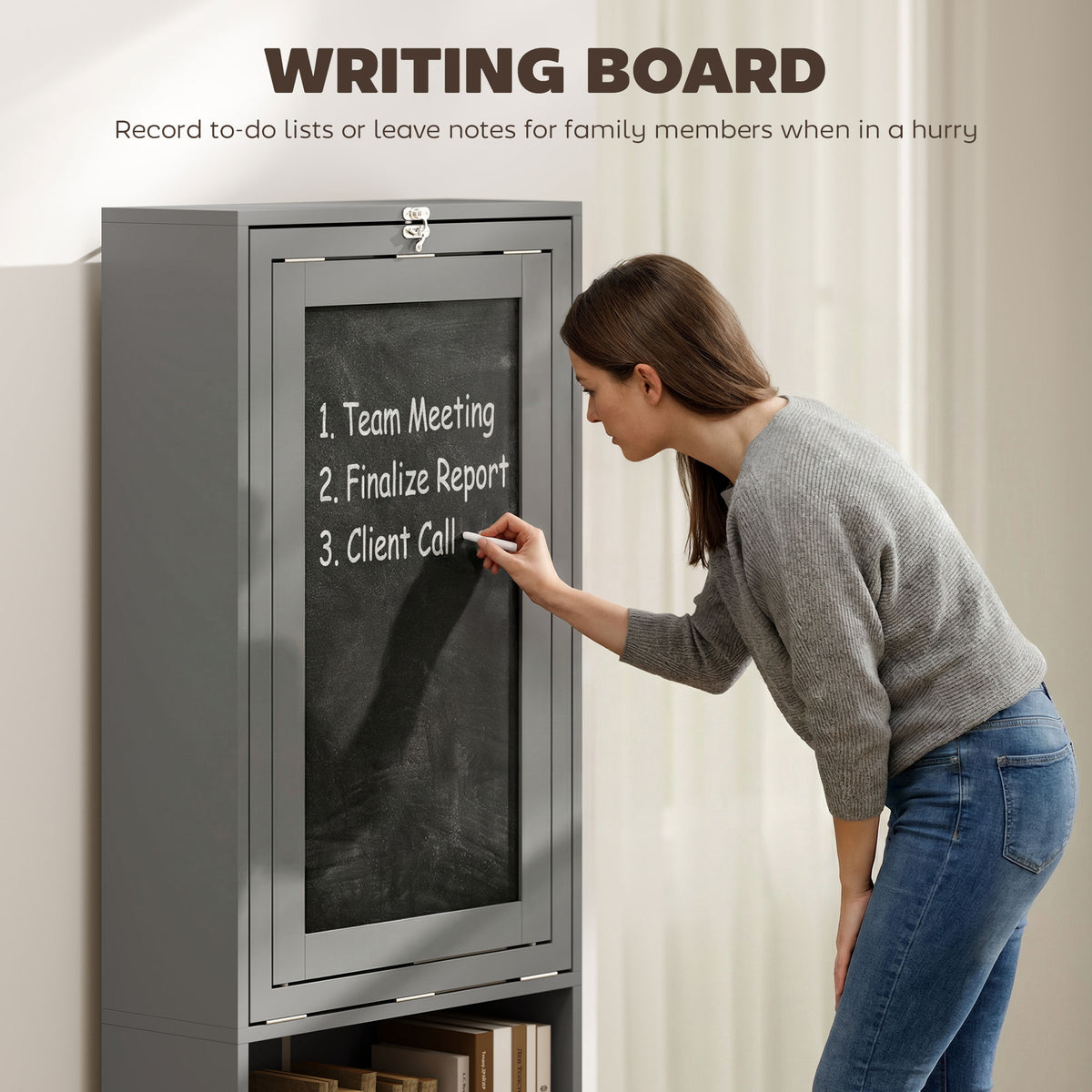 Grey folding desk cabinet with a large blackboard panel for writing notes.