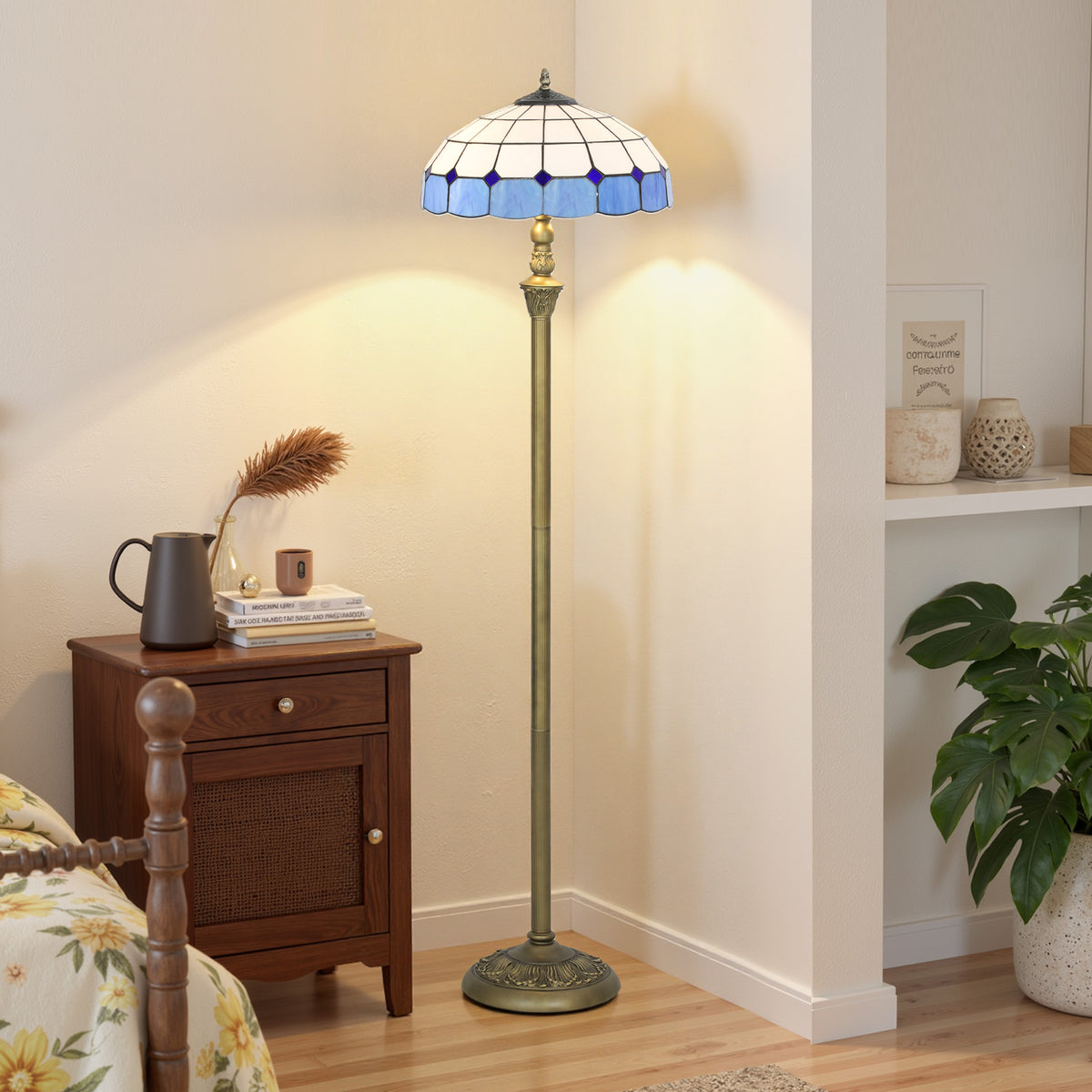 HOMCOM Tiffany-Style Floor Lamp with Handcrafted Stained Glass Shade, 152cm Tall Vintage Standing Lamp with Foot Switch and Dual Sockets for Living Room Bedroom, Bronze Tone and Blue