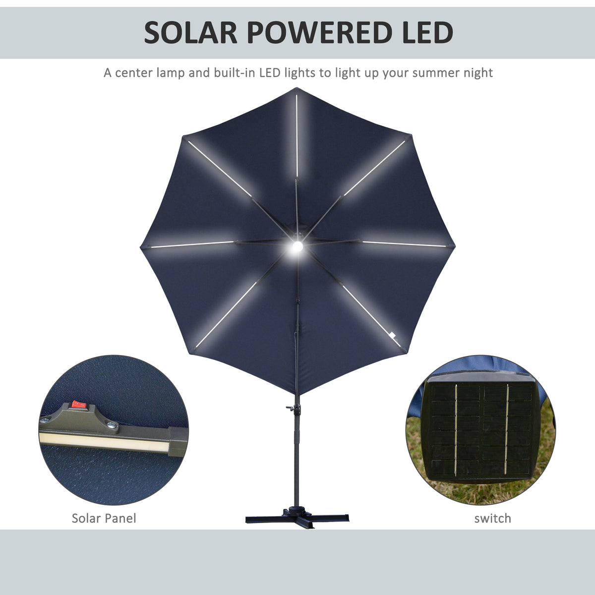 Outsunny blue cantilever umbrella with solar panel and built-in LED lights