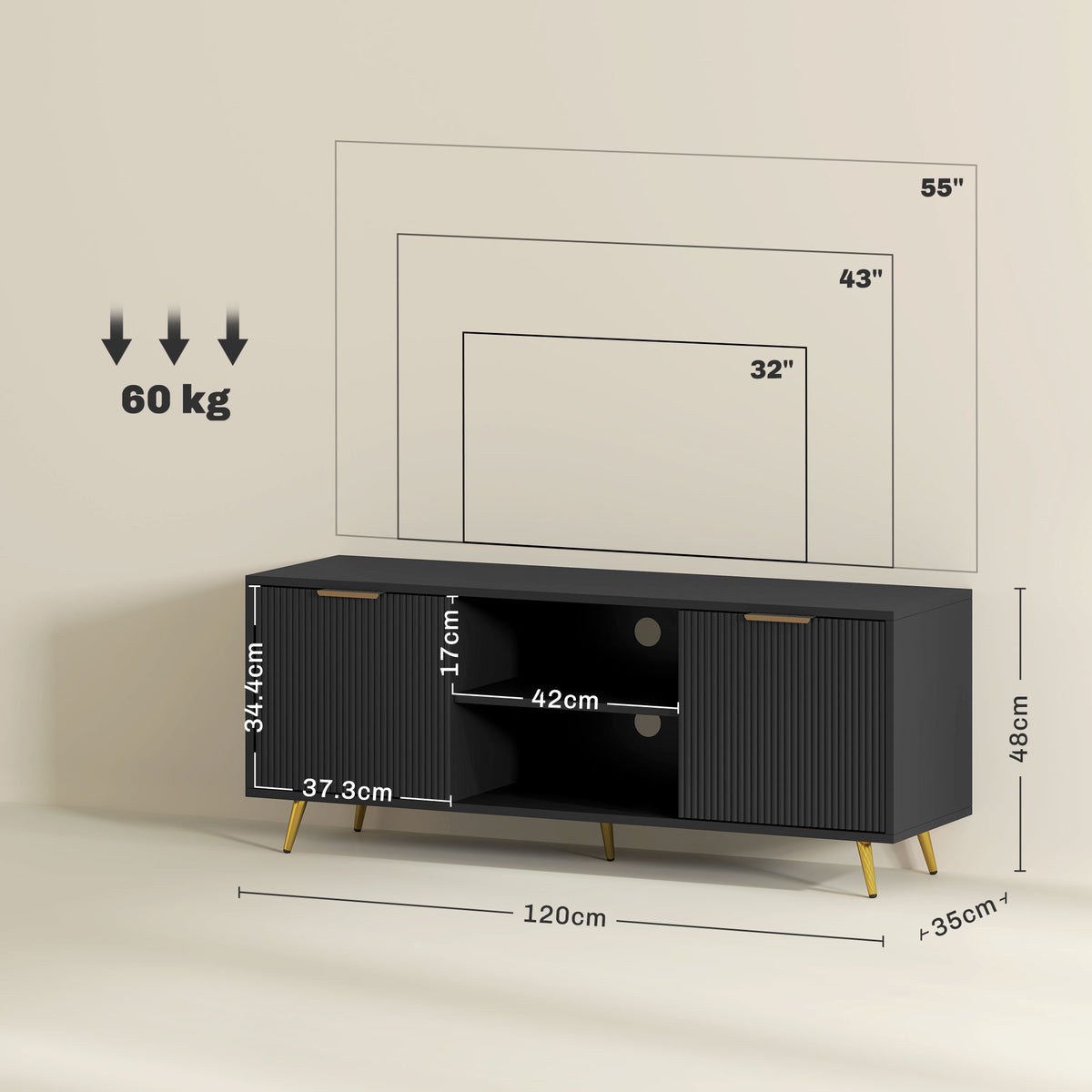 HOMCOM black TV stand with size and load capacity dimensions
