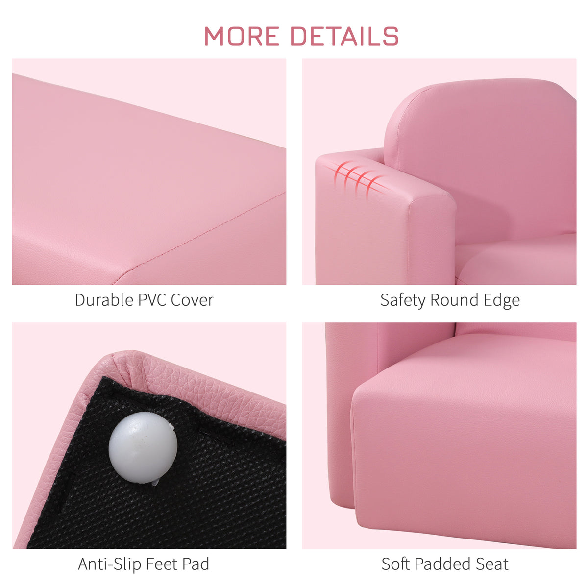 Pink toddler sofa chair details showing PVC cover, rounded edges, anti-slip feet, and padded seat