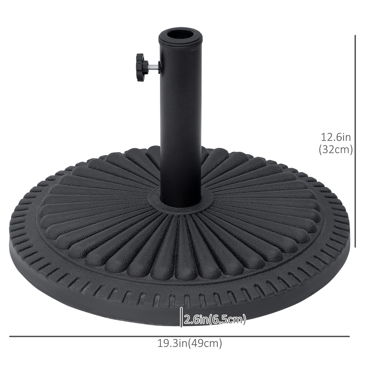 Black round cement parasol base with ribbed surface, pole holder and tightening knob