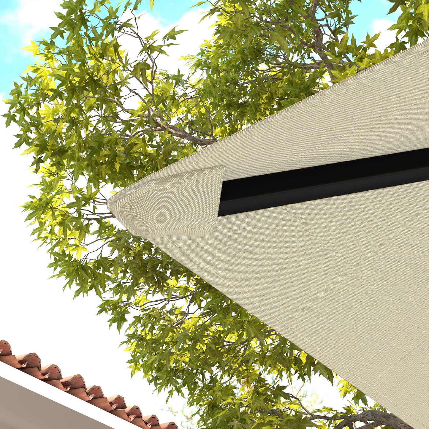 Close-up of the cream canopy edge and its fastening strap.