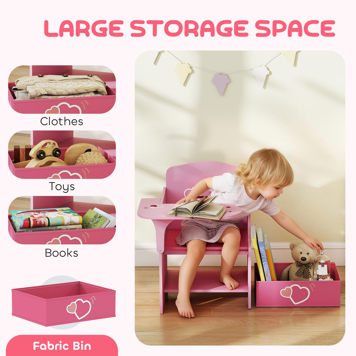 AIYAPLAY Kids Table and Chair Set, Children Desk and Chair with Storage Bins for Playing, Reading, Painting, for Ages 3-5, Pink