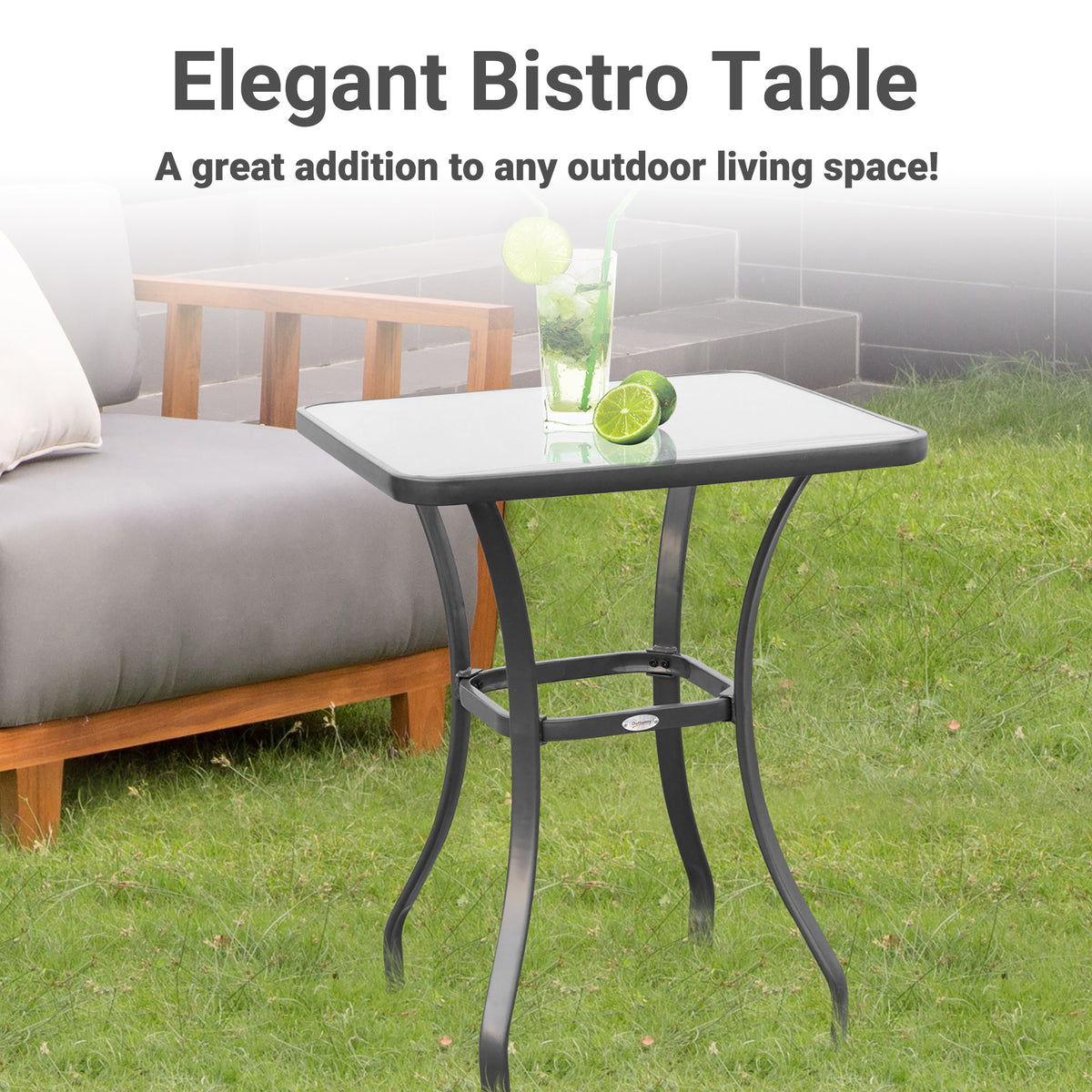 Outsunny square garden table with glass top and black metal frame beside outdoor seating