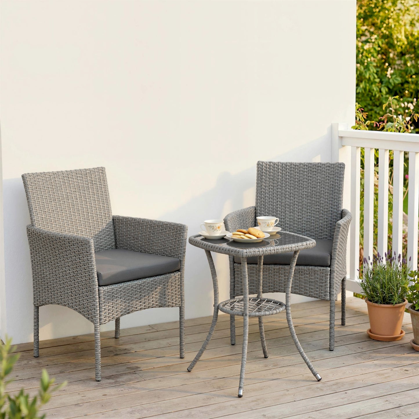Outsunny 3 Piece Rattan Bistro Set, PE Wicker Garden Furniture Conversation Set with 2 Tier Glass-Top Table, Chairs, Dark Grey