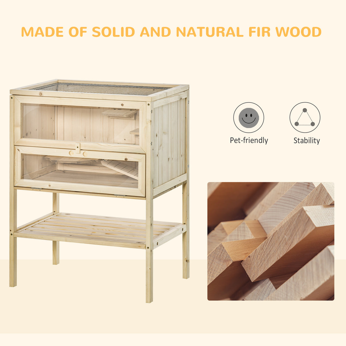 Natural fir wood hamster cage with mesh top, clear front panels and lower slatted shelf