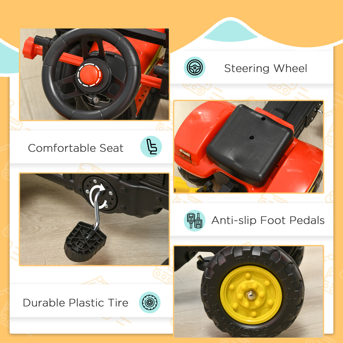 Ride-on tractor details showing steering wheel, seat, foot pedal and rugged plastic tire