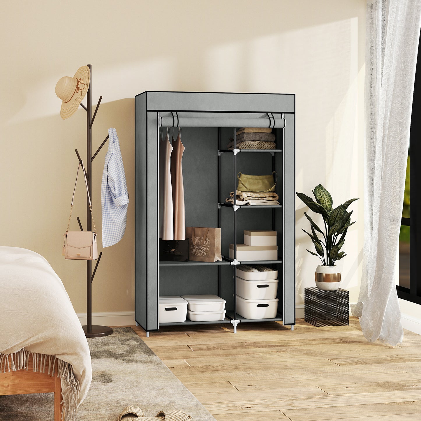 HOMCOM Fabric Wardrobe w/ Shelves Hanging Rail Foldable Wardrobe Light Grey