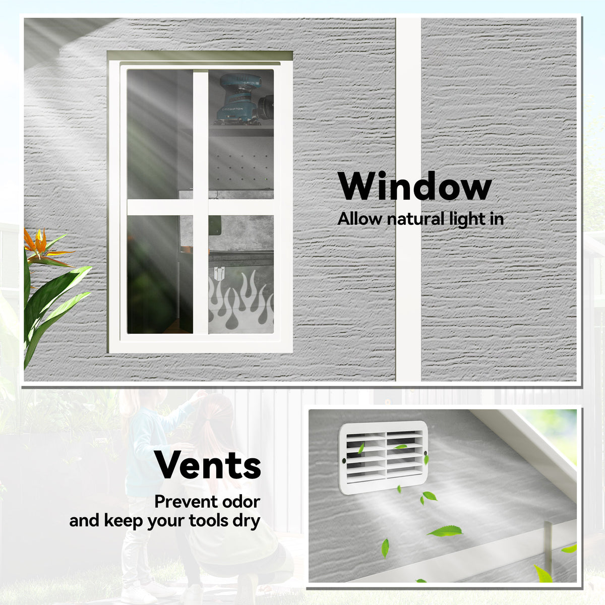 Garden shed details showing a framed window and a louvered ventilation vent